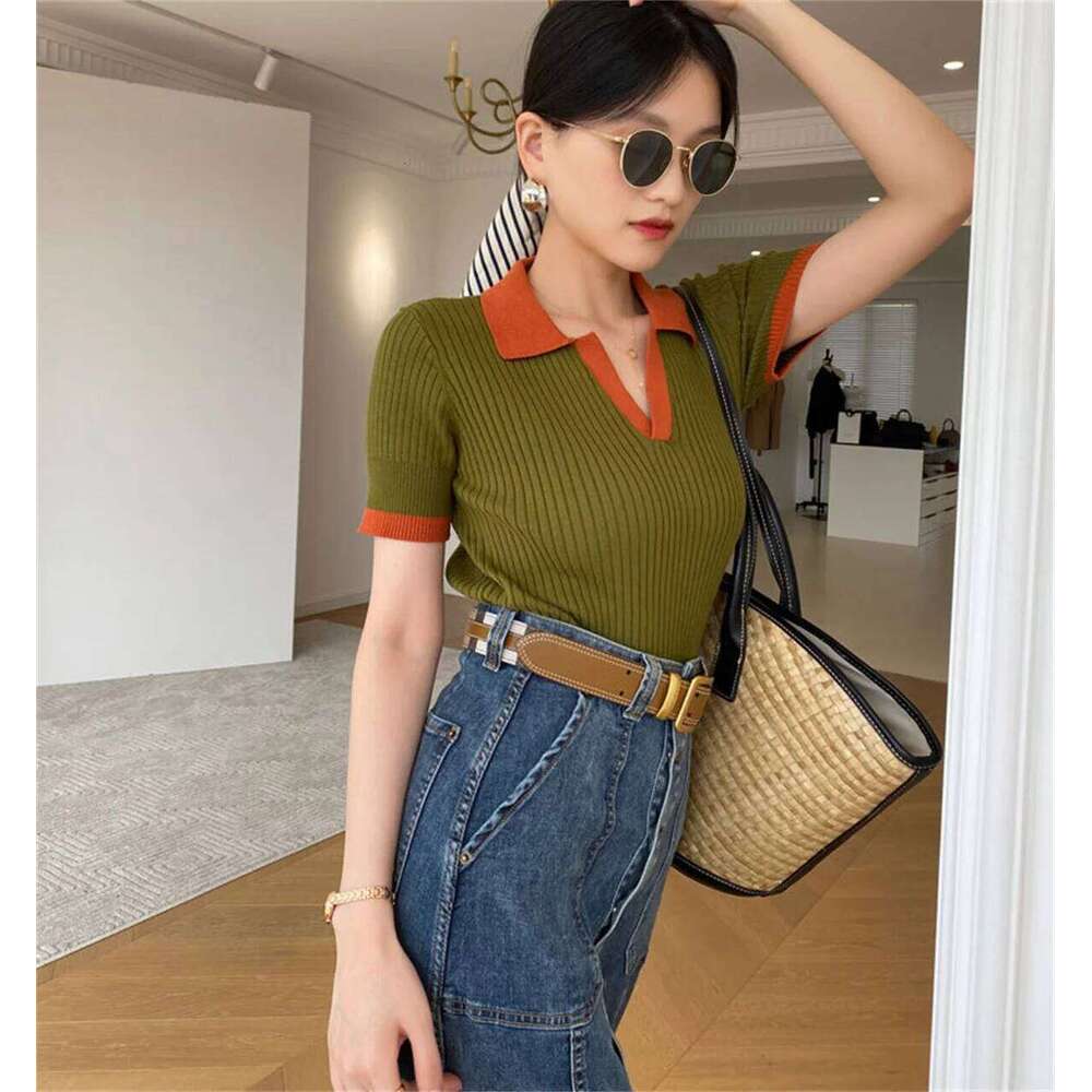 Women V Neck Knitted Tops Summer Autumn Elegant Short Sleeve Pullover Polo Shirts Slim Casual Clothes Office Lady Street Vintage 26W0224