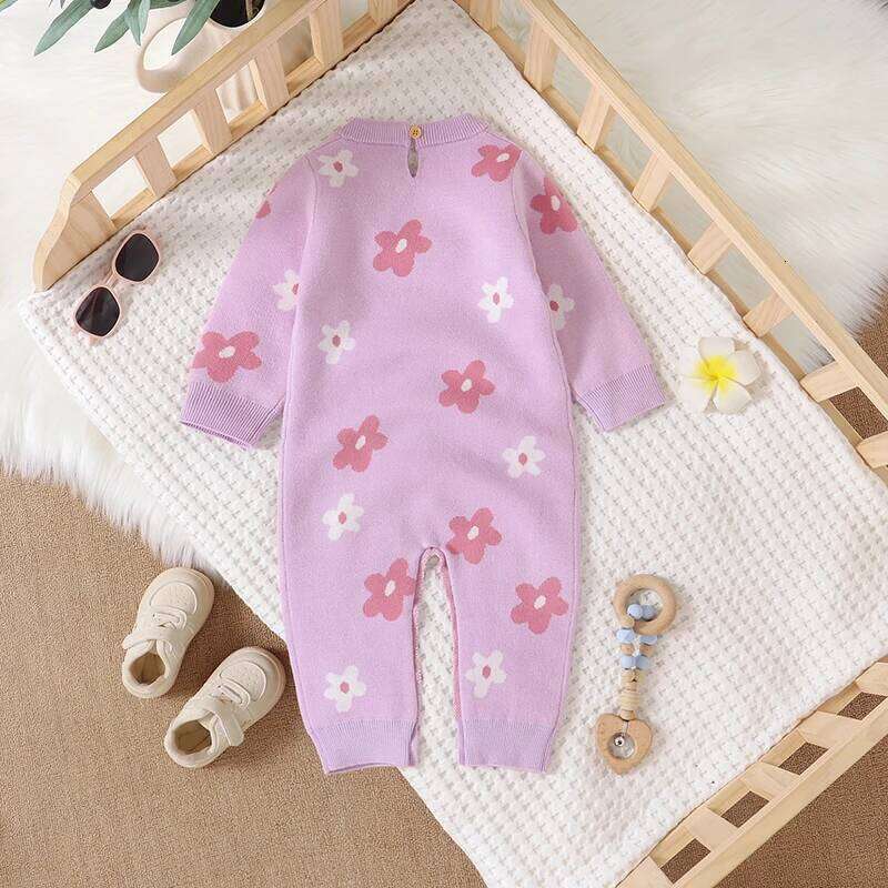 Purple Baby Girls Rompers Floral Knit Newborn Crew Neck Long Sleeve Jumpsuits Infant & Toddler Playsuits 0-18m Clothes 26H0224