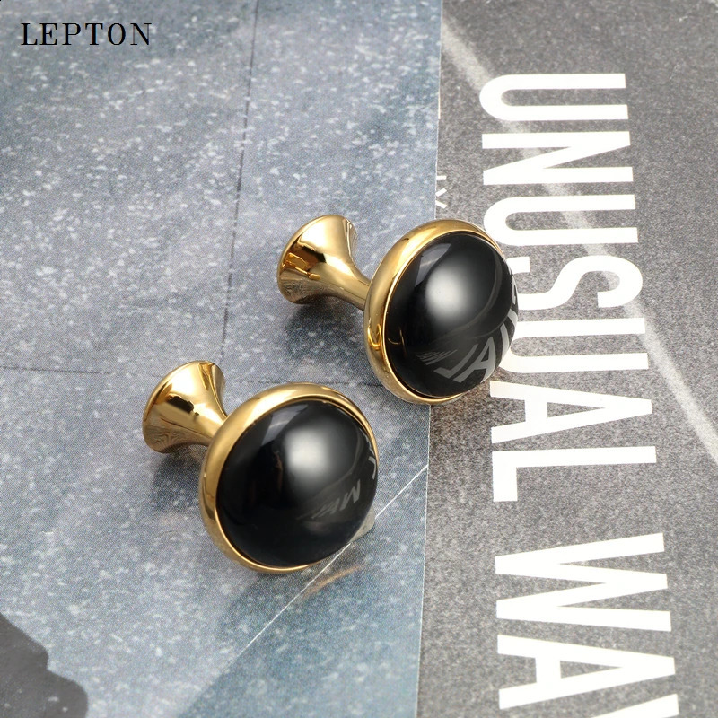 Low-key Black Onyx Cufflinks for Mens Business Lepton High Quality Gold Color Round Onyx Stone Cuff links Relojes gemelos 260208