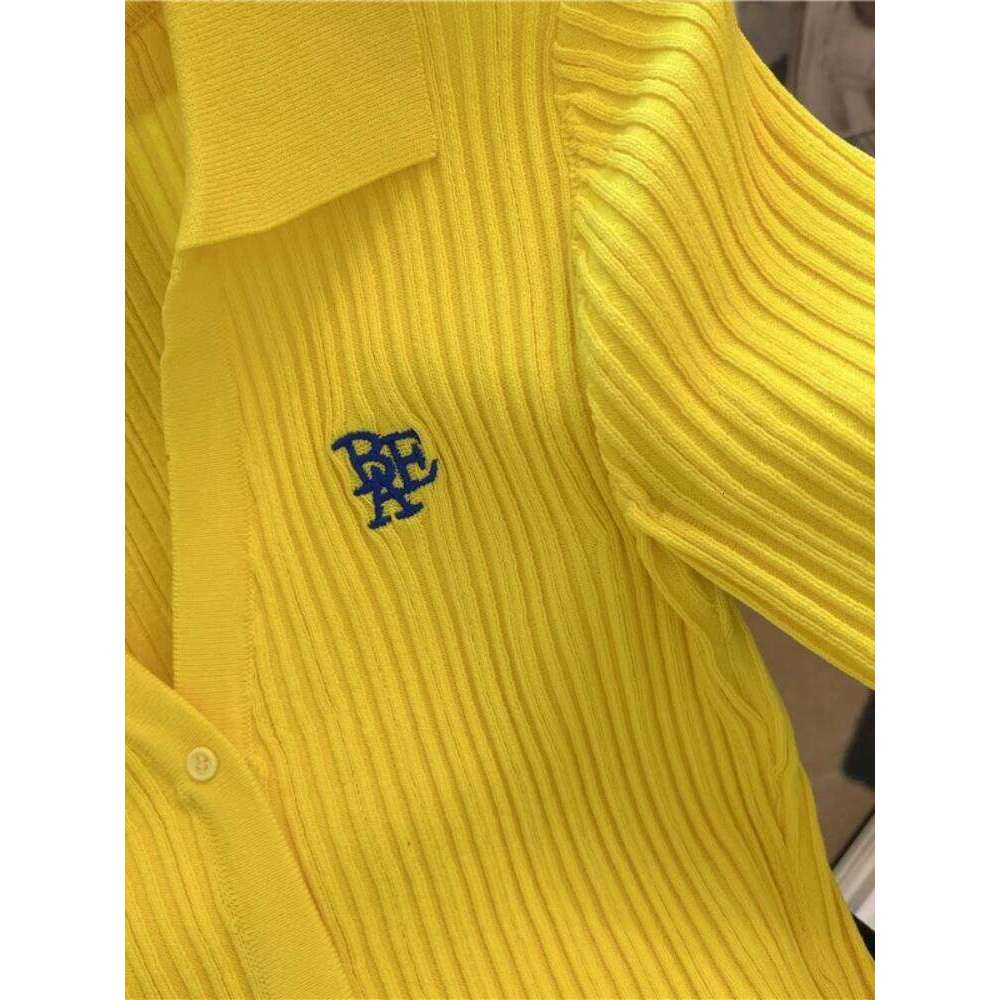 Summer Yellow Knitted Polo Shirt Women's 2024 New French V-Neck Letters High Waist Slim-Fit Ice Silk Top Short-Sleeved T-Shirt 26W0224