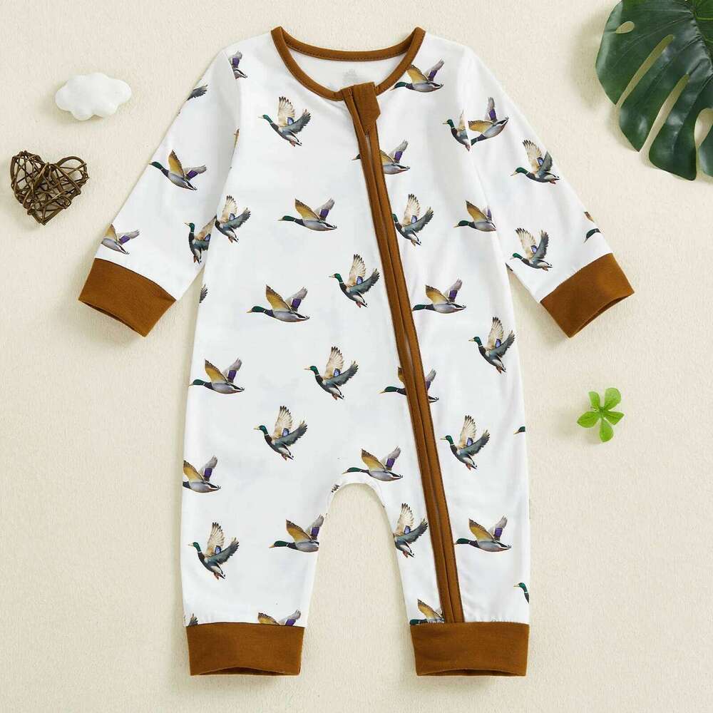 Newborn Baby Fall Romper Duck Print Long Sleeve Round Neck Zip Jumpsuit for Boys and Girls 26H0224