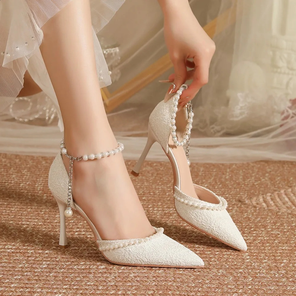 High Heeled Shoes Womens Sandals with A Thin Heel and Pointed Toe Straight Cut Lace Surface White Pearl Bridal Women 260208