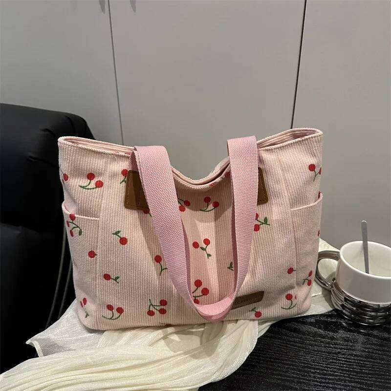 Simple Women's Corduroy Portable Shoulder Bag Cherry Print Ladies Casual Tote Bags Commuter Cute Female Shopping Handbags Z260224