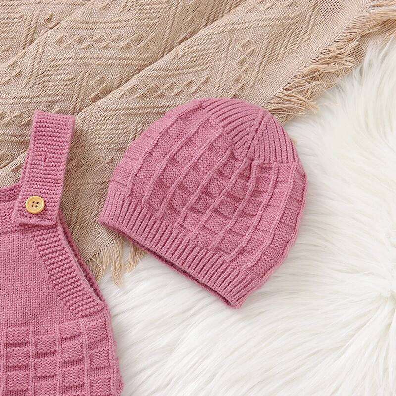 Newborn Infant Baby Girls Romper + Hats Sleeveless Knitted Toddler Jumpsuits Clothing 0-18m Spring Autumn Winter 2PC Outfits Set 26H0224