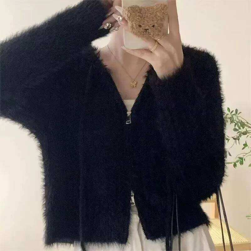 Hooded Cardigan for Women Long Sleeve Fuzzy Zip Up Knit Crop Sweater Jacket Fall Winter Teen-girl Y2K Acubi Outfit 26L0224
