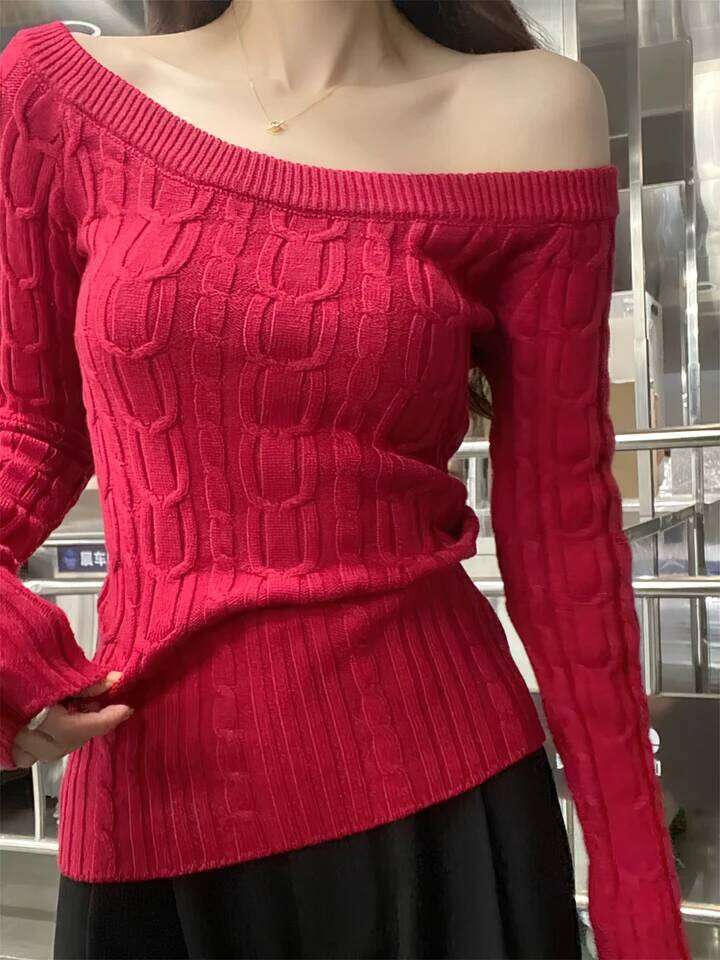 Casual Off shoulder Rib Knit Sweater Pull Women Long sleeve Top Basic Tees White Slim Pullovers Lady Sexy One Shoulder New 26L0224