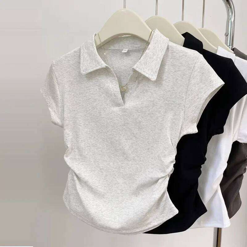 Polo TShirt Cotton Summer Sport T Shirt for Skinny Slim Basic Sexy Solid Grey Crop Short Sleeve Casual Women Top Tee 26W0224