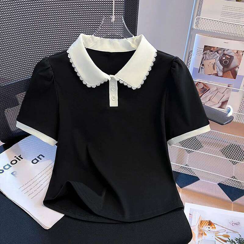 Women Peter Pan Collar Short Sleeve T Shirt Summer New Design False Two Piece Top Blouse 26W0224