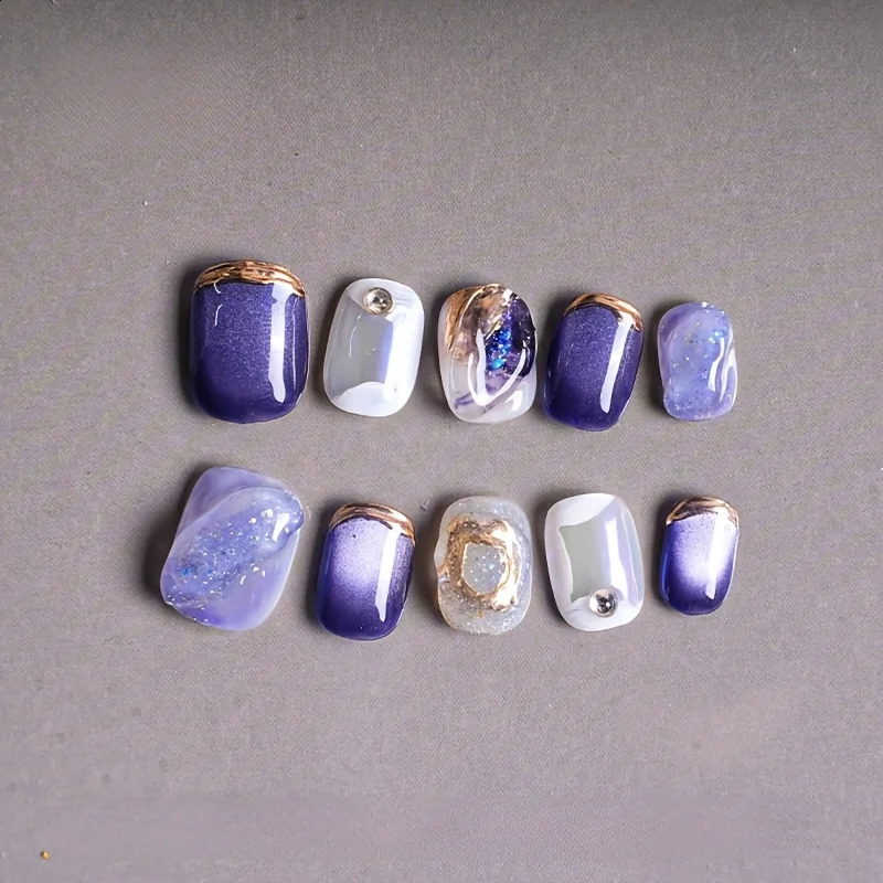 10pcs/set Handmade Dreamy Blue Press-On Nails Short Ballet Shape Gradient Ombre n Glossy Finish Removable False Nail Tips 260209