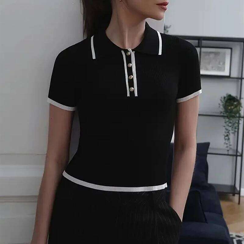 Summer Fashion Polo Neck Knitted Shirt Slim Short Sleeve Women Sexy Button T-shirt Office Lady Knitwear Y2k Tops 26W0224