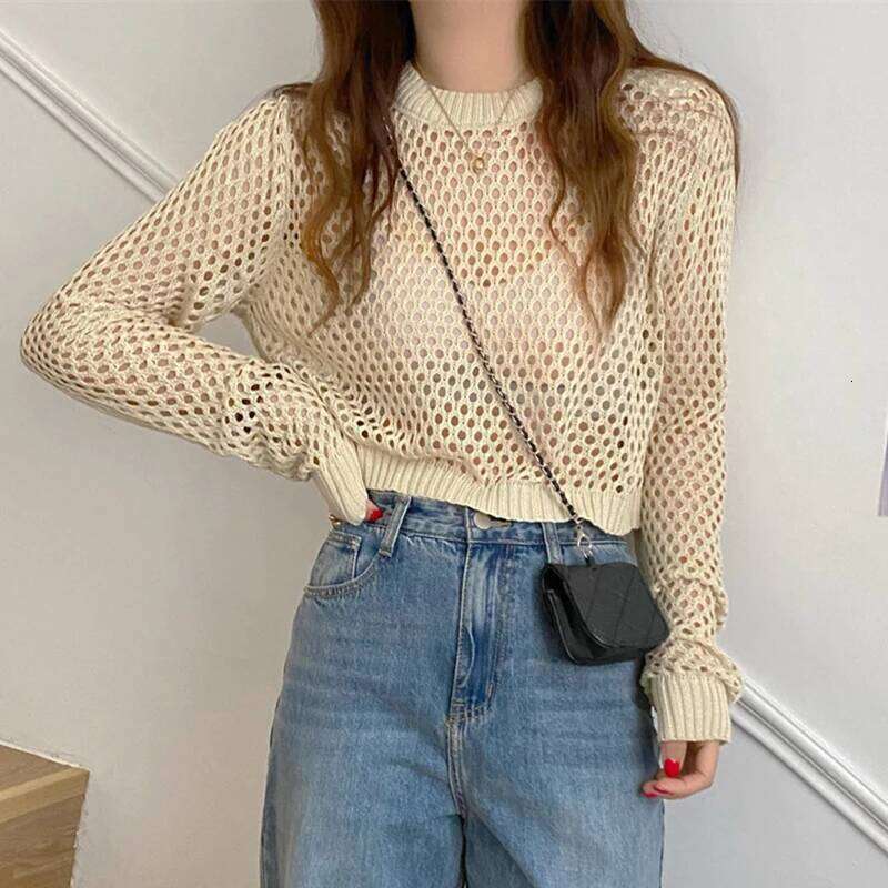 1pcs Summer Women Solid Color Round Neck Hollow Out Long Sleeve Casual Loose Knitted Top 26L0224