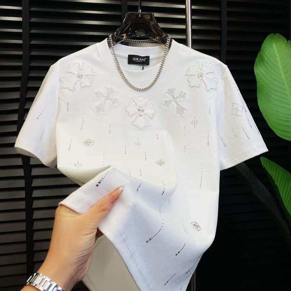 Summer New Luxury Trendy American And European Style Casual Fashion Men's Rhinestone Round-Neck Short-Sleeve Shirt