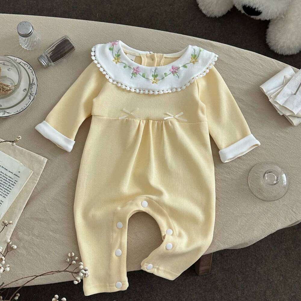 Autumn New Baby Girls Cute Light Yellow Doll Collar Long Sleeve Crawler Newborn Jumpsuits Clothing Romper Soft Outfits 26H0224