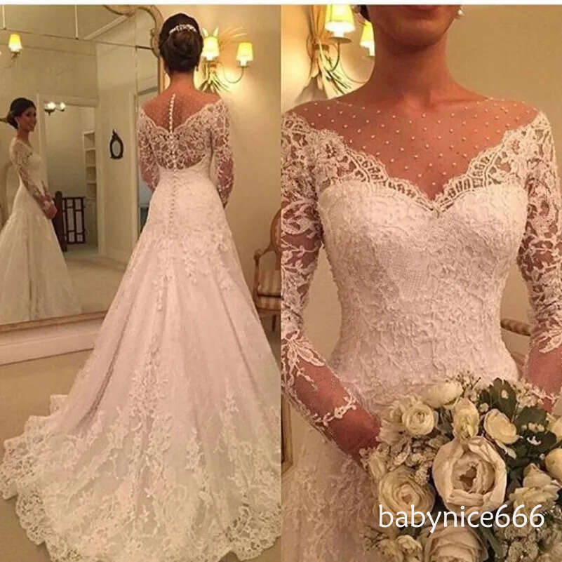 Vintage Long Sleeve Country Wedding Dress A Line Sheer Neck Lace Bridal Gowns Robe De Mariage Custom Made Bride Dresses Plus Size N25