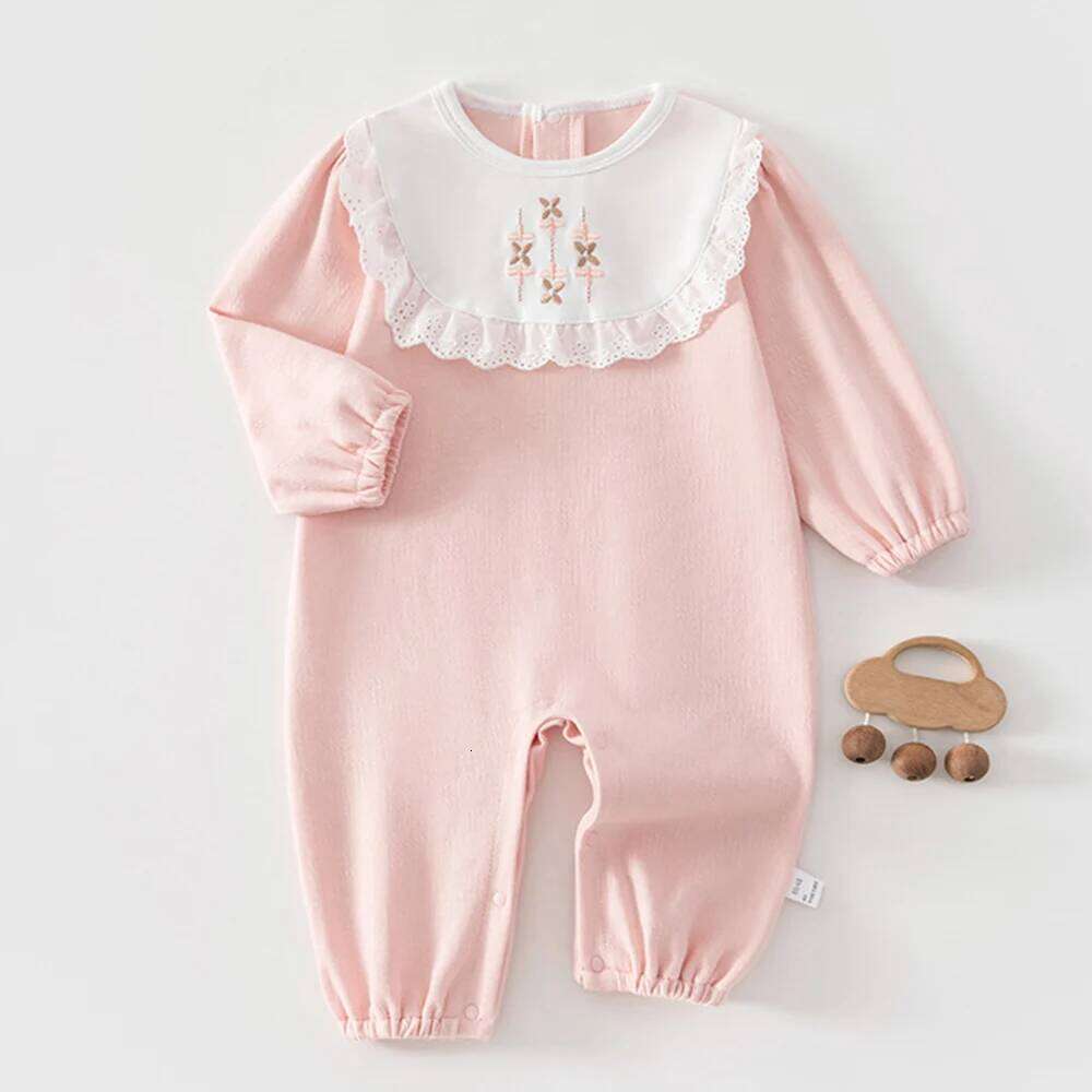Valentine Rompers Long Sleeve Flower Embrodiery Spring Baby Girl Clothing Cotton 1st Birthday Pink Infant Jumpsuit 26H0224