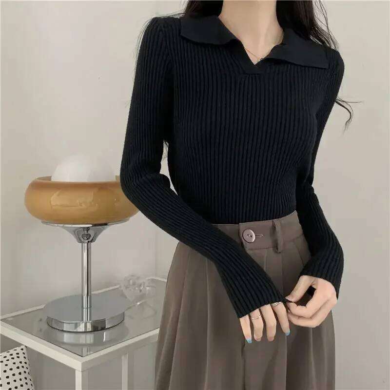 Elegant Vintage Knit Sweater Women's Long Sleeve Lapel Stylish Polo Collar Base Layer Top For Spring Autumn 26L0224