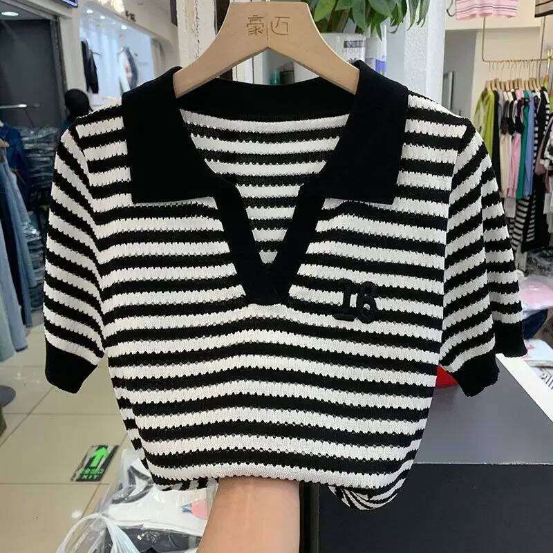 Women Short Sleeve Striped Polo Shirts Summer T-shirt Hollow Out Contrast Colors Patchwork Korean Fashion Casual Versatile Tops 26W0224