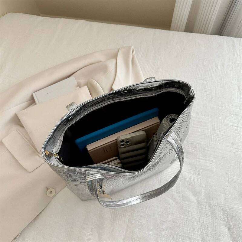 Fashion Casual Women Shoulder Silver Gold Black Crocodile Handbag PU Leather Female Big Capcity Tote Bag Ladies Hand Bags Z260224