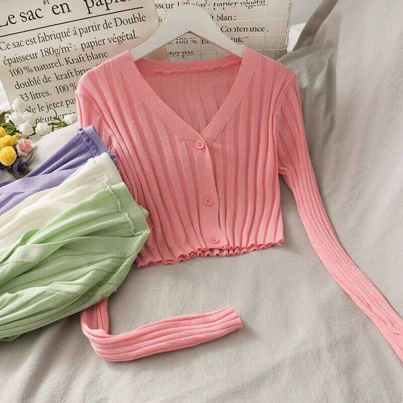 ITOOLIN Women Buttons Up Cardigan Shirt Acrylic Long Sleeve V-Neck Slim Cropped Knitwear Ribbed Knit Thin Solid Stretch Top 26L0224