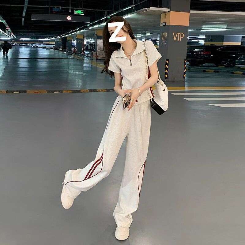 Fashion suit women's summer new Korean style polo collar top casual sports wide leg pants two-piece set new in matching sets