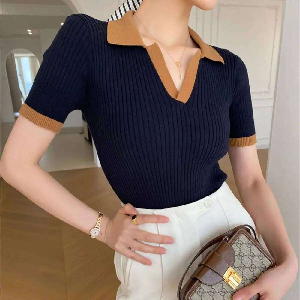 Women V Neck Knitted Tops Summer Autumn Elegant Short Sleeve Pullover Polo Shirts Slim Casual Clothes Office Lady Street Vintage 26W0224