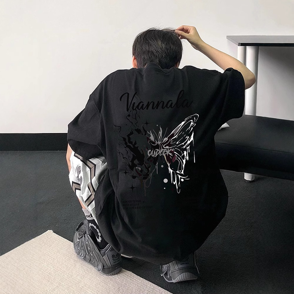 Men's Heavyweight Short Sleeve T-Shirt with Butterfly Print, INS Style Loose Casual Half Sleeve, Trendy Summer Tops