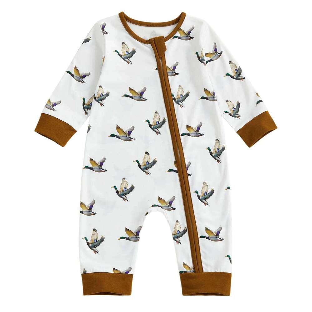 Newborn Baby Fall Romper Duck Print Long Sleeve Round Neck Zip Jumpsuit for Boys and Girls 26H0224