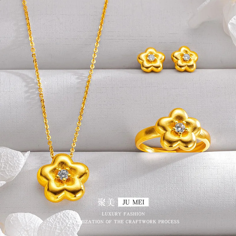 Flower Ring Earring Necklace Set for Women 24K Gold AU999 Minimalist Jewelry with Gradient Pink Enamel Petals 260207