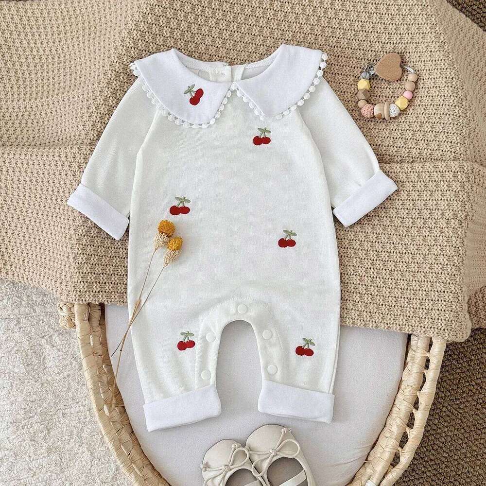 Cute Cherry Embroidery Baby Spring Autumn Soft Fabric Peter Pan Collar Long Sleeve Jumpsuit For Infant Girls Daily Wear 26H0224