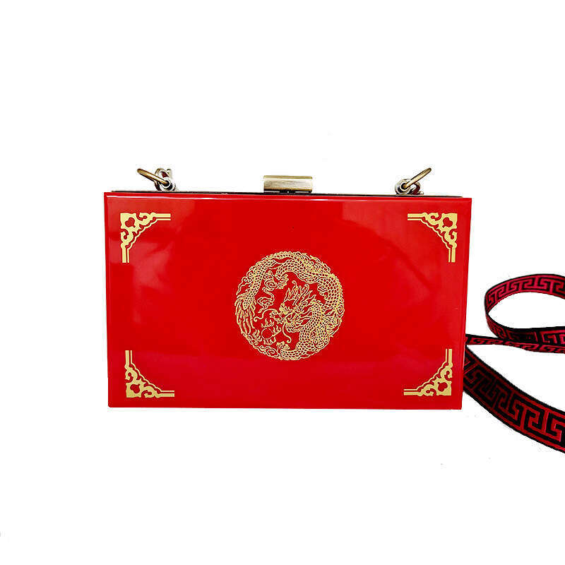 Small To Match Cheongsam, Vintage Gold-Stamped Red Bridal Clutch, Silk-Printed Hong Kong Style Wide Shoulder Strap Crossbody Small Square Bag For Wome