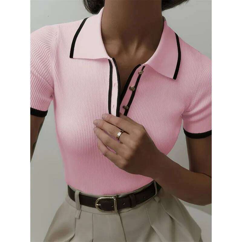 Summer Fashion Polo Neck Knitted Shirt Slim Short Sleeve Women Sexy Button T-shirt Office Lady Knitwear Y2k Tops 26W0224