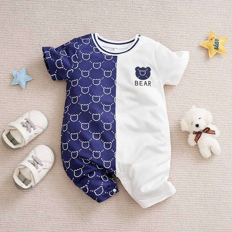 Newborn Clothes Cute Patchwork Teddy Bear Comfortable Soft Summer Boys And Girls 0-18 Short Sleeved Baby Jumpsuit 26Y0224