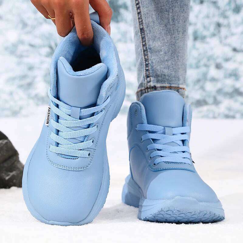 Mid-Top Wide Toe Barefoot Women Trend Artificial Leather Lace Up Walking Shoes Warm Furr Waterproof Winter Snow Sneakers