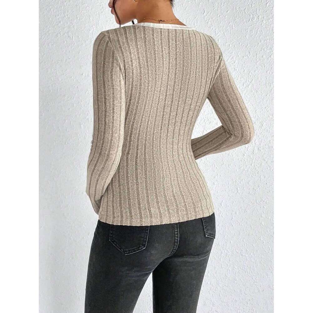 Slim Sexy Knit Long Sleeve V-Neck Neck Edge Clash Top New Autumn and Winter Women's Casual Pullover 26L0224