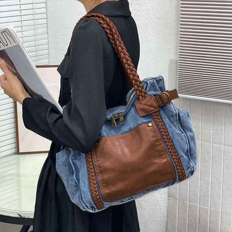 Washed Denim Shoulder Bag,Women Large Capacity Vintage Tote Bag,Effortless Chic Casual All-Match Contrast Color Splicing Handbag Z260224