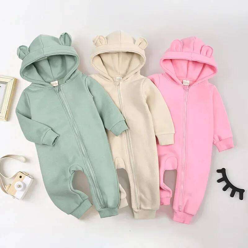 Spring Autumn Girl Fashion Solid Color Newborn Baby Clothes Cotton Long Sleeve Hooded Infant Romper 3-18 Months 26H0224