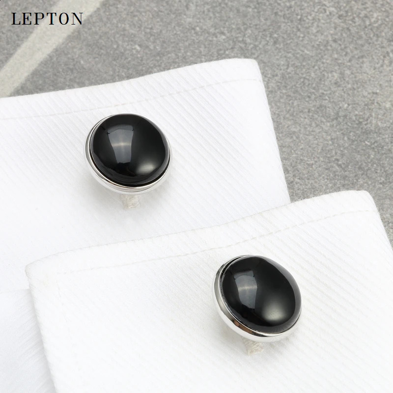 Low-key Black Onyx Cufflinks for Mens Business Lepton High Quality Gold Color Round Onyx Stone Cuff links Relojes gemelos 260208