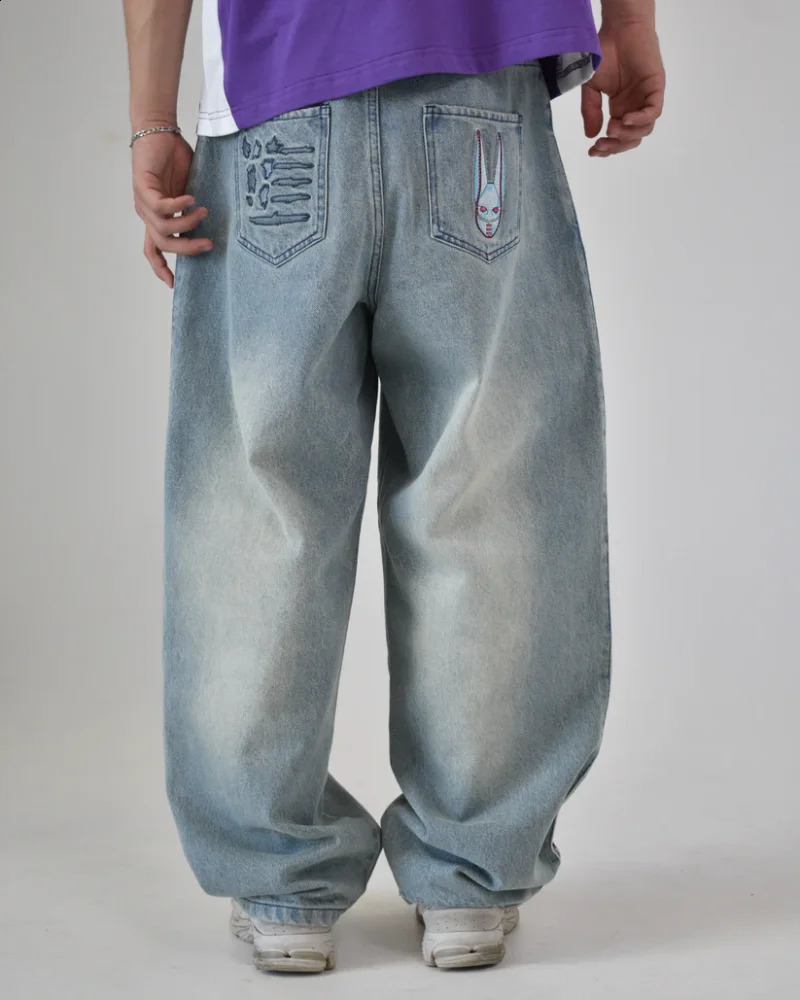 Light Blue Distressed Oversized Jeans Pink Heart Embroidery Anime Style D4C Pocket Streetwear Trendy Harajuku Casual Denim Pants 260205