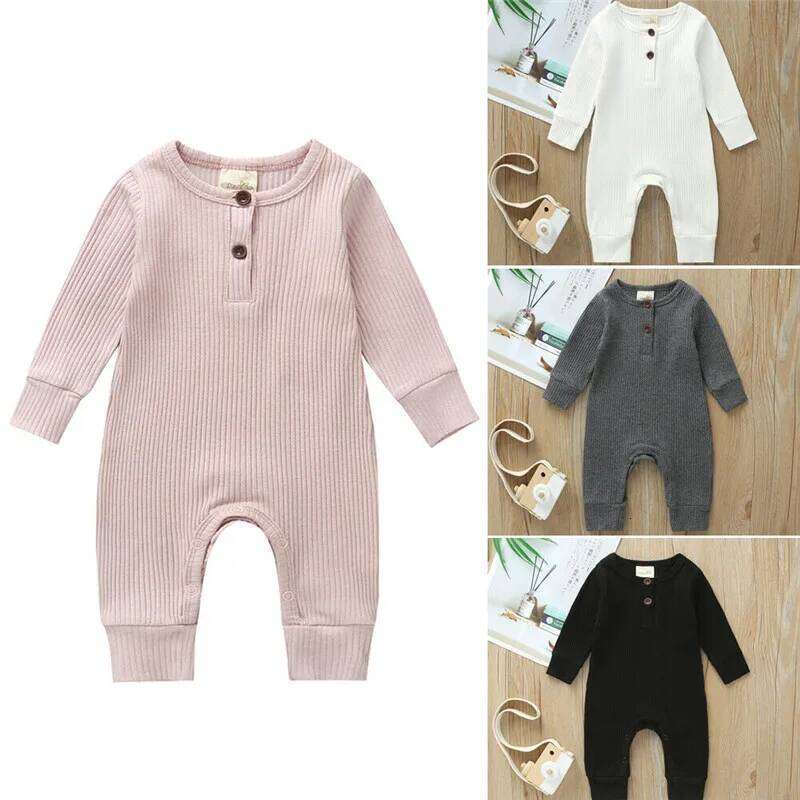 0-24months unisex Baby Button Romper Solid Color Knit Spring Autumn Jumpsuit 26H0224