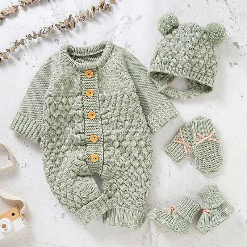 Winter Newborn Baby Rompers Long Sleeve Knit Infant Boys Girls Solid Jumpsuits Playsuits Hats Outfits Sets Toddler Clothes 0-18m 26H0224