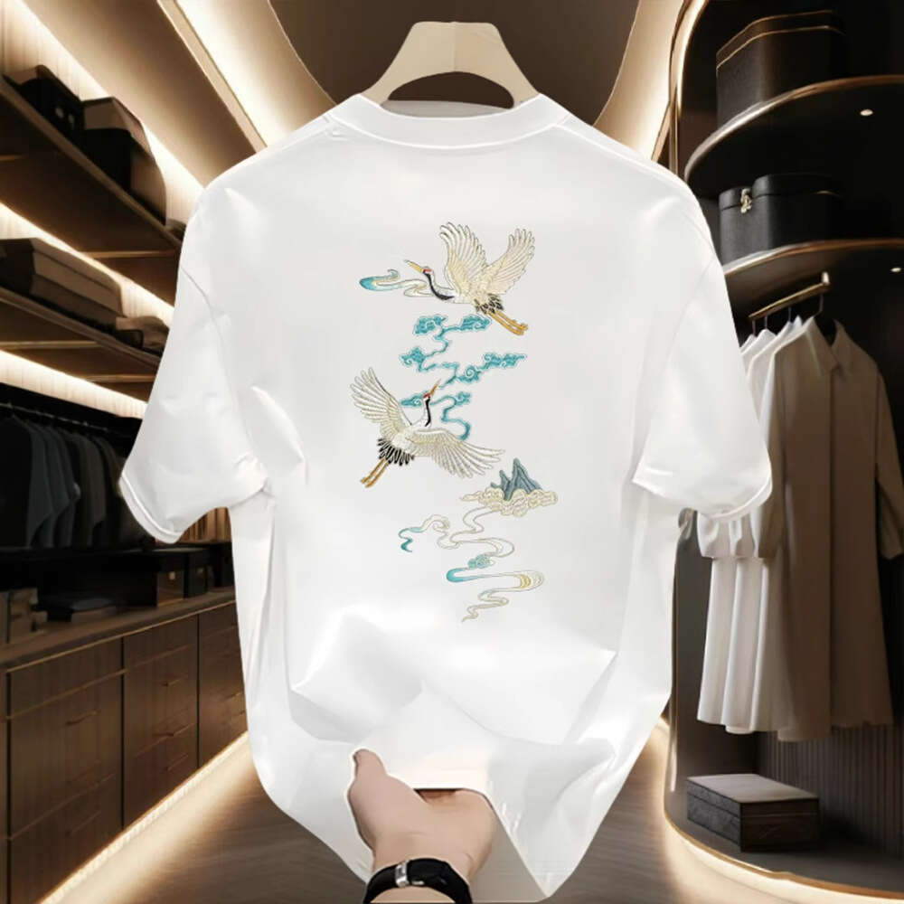 Men's T-shirt Chinese Style Double Crane Cloud Embroidered Loose Fit Exquisite Double Crane And Cloud Print On Back Breathable Comfortable Soft C