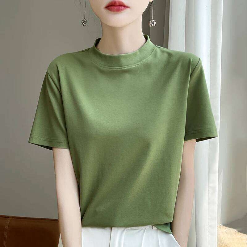 Spring and Autumn New Semi-high-necked Cotton Short-sleeved Women's Stand-up T-shirt Joker Loose Sleeve Top Slim Bottom 26Y0224