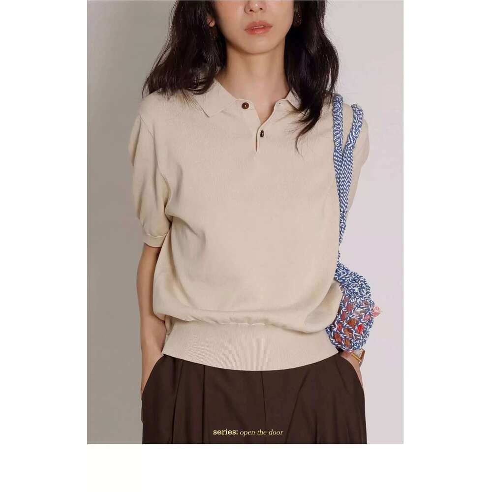 Women's Blue Ice Silk Knitted Polo Shirt Short Sleeve French Lapel Top Thin Summer High-Grade Shoulder T-Shirt 26W0224