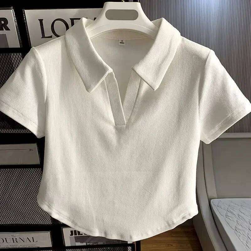 Loves Embroidery T-shirt Polo Collar Orthoshoulder Slim Hotsweet Women's Crop Top Korean Fashion Hottie Simple Casual 26W0224