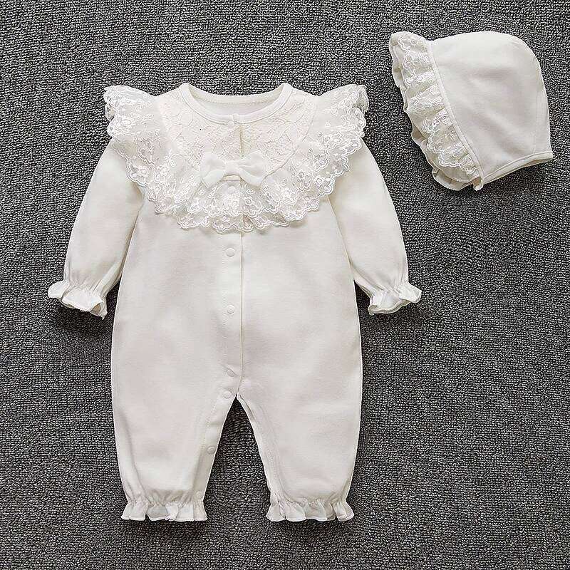 Spring Newborn Baby Girl Clothes Lace Flowers Princess Jumpsuit + Hats Infant Girls Bodysuits Onesie 26H0224