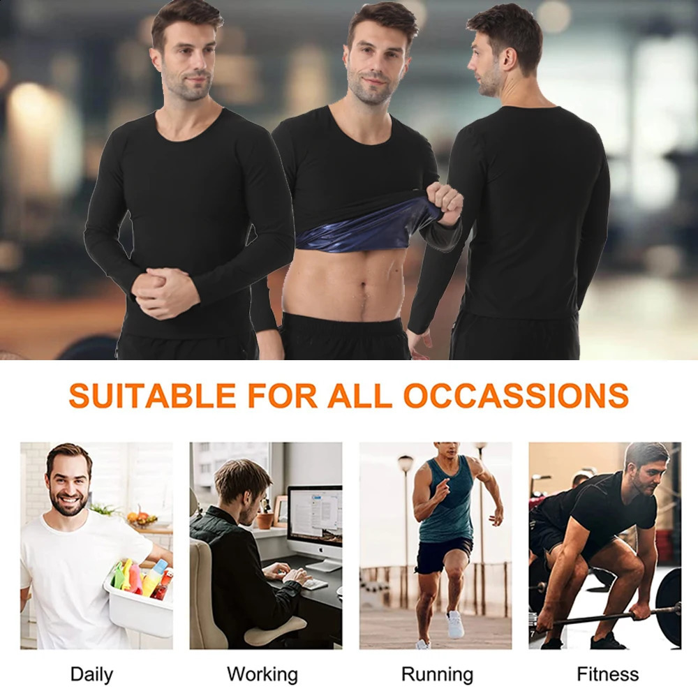 Long Sleeve Mens Sauna Top Gym Exercise Fat Burning T-shirt Round Neck 5 Times Sweat Black S-3XL Stretch Sports Clothes 260129