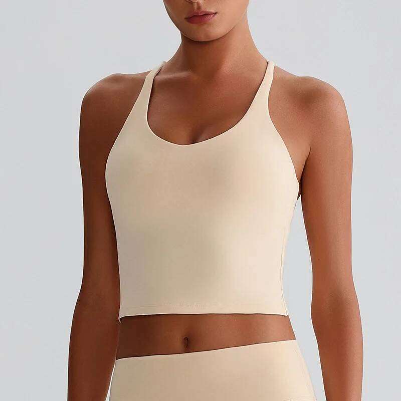 Women's Nude Yoga Wear Sexy Crossover Top Detachable Chest Pads Breathable Quick-drying Athletic Fitness Running Clothes 26Y0224