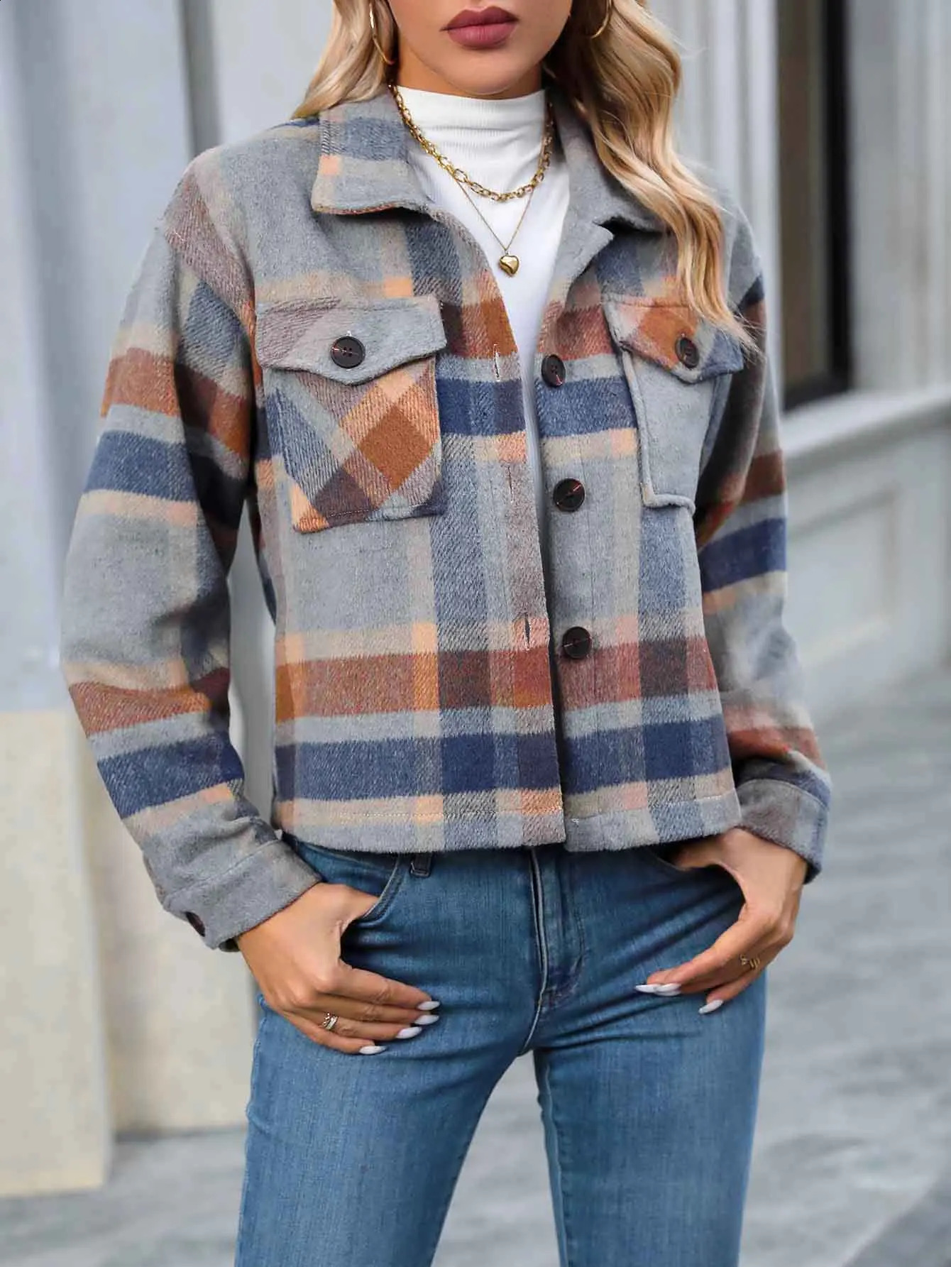 European and American CrossBorder Winter Product Lapel Flap Pocket Pants Fashion Casual Short Womens Plaid Jacket 260126