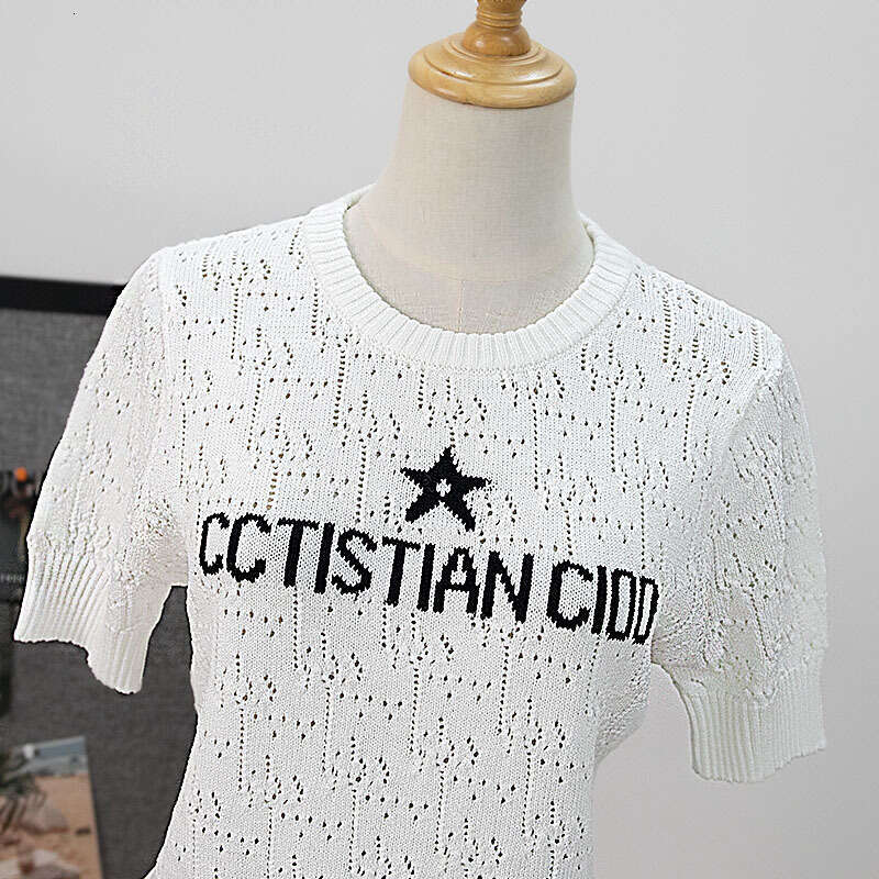 Elegant Hollow-Out Short-Sleeve Summer Jacquard Star-Letter New Loose Round-Neck Knit Pullover Sweater