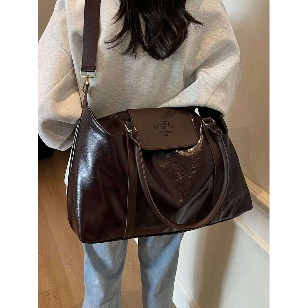 Fashion large capacity handbag Casual short trip travel Holiday gym tote bag, retro oil wax gloss PU leather crossbody bag Z260224